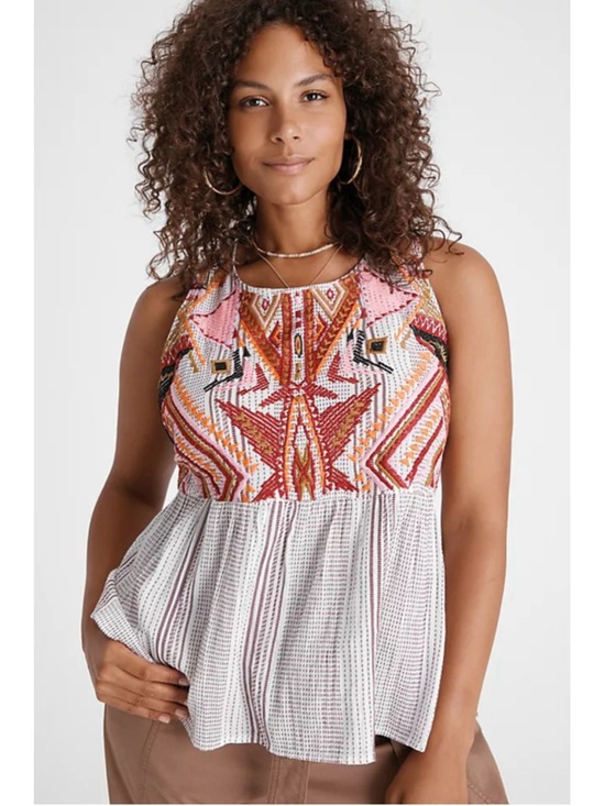 entro Tops - Women's entro Plus 1X Beige Multi-color Embroidered Tank Top